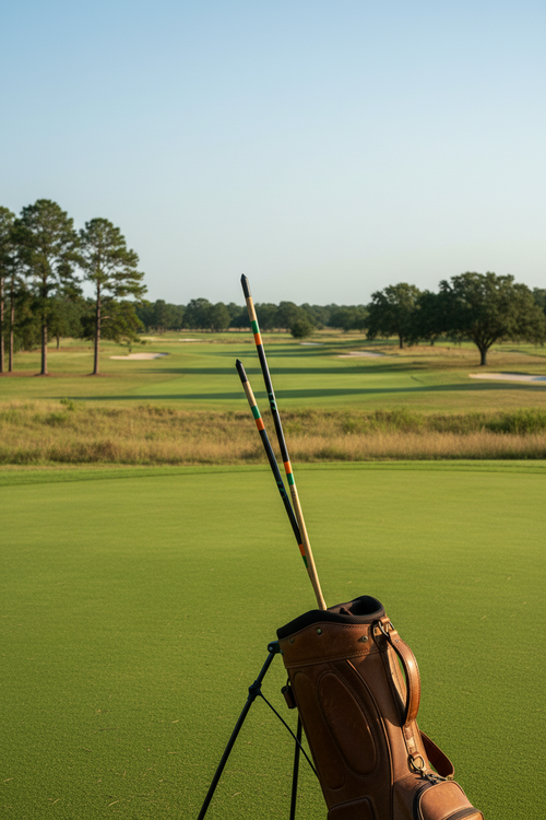 Hickory alignment sticks in golf bag on course